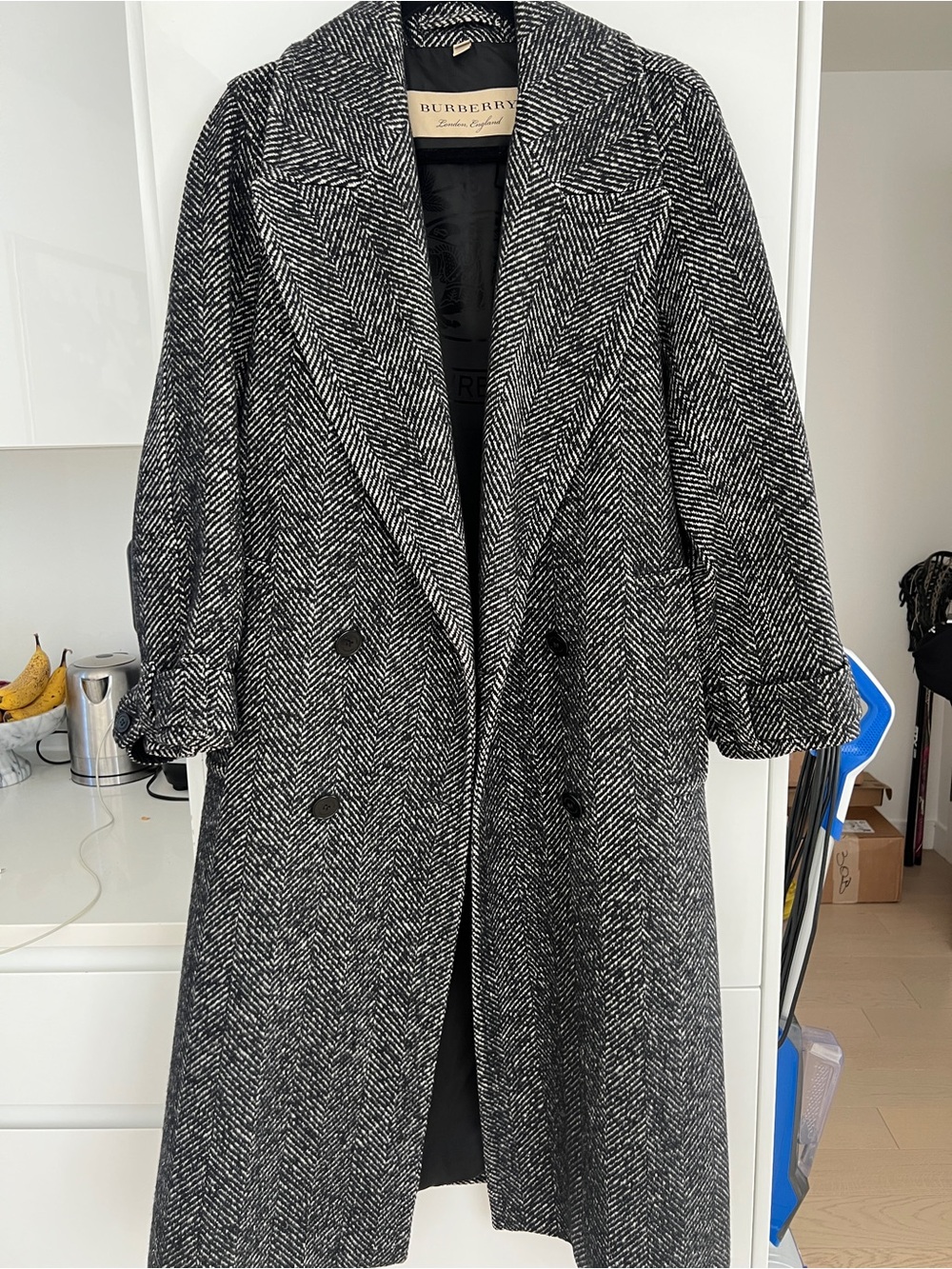 Burberry Black & White Herringbone Wool Trench Coat